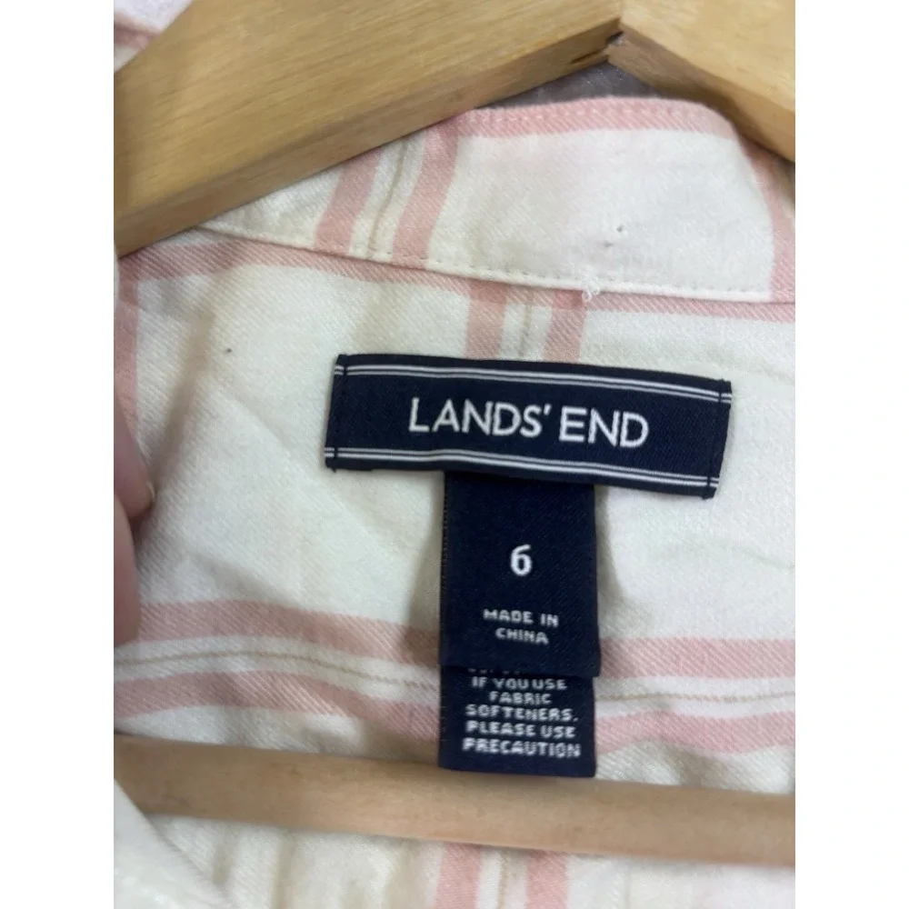 Lands End Pink Ivory Cotton Flannel Plaid Shirt Sz 6 Pintucks Roll Tab Sleeve